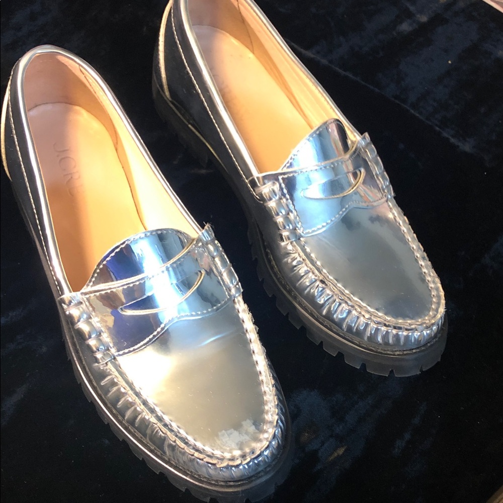 J Crew Winona Lug Sole Penny Loafers silver 8.5 womens